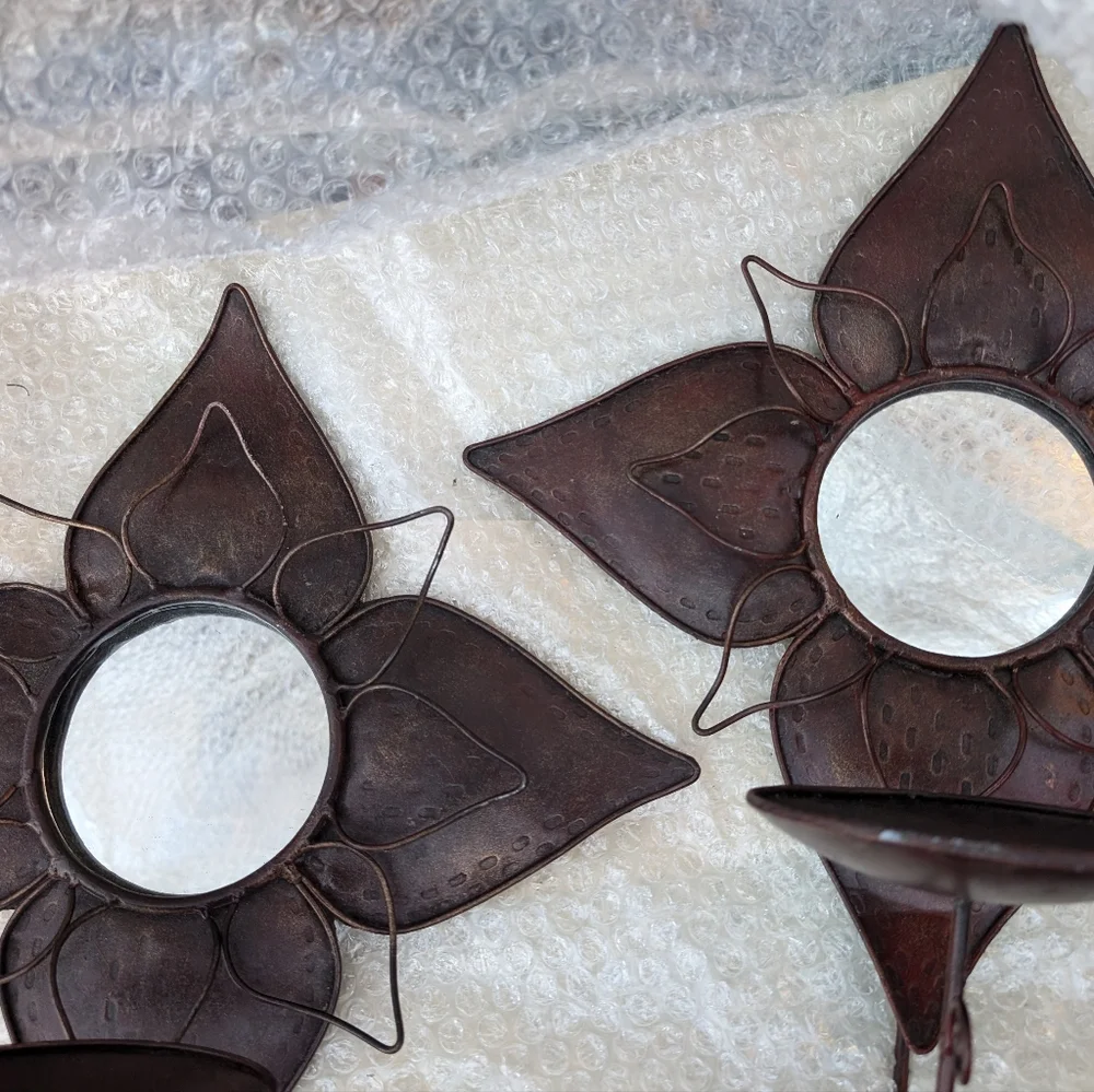 Brown Wrought Iron Flowers Wall Sconce With Mirrors Set Of 2 Nice Condition